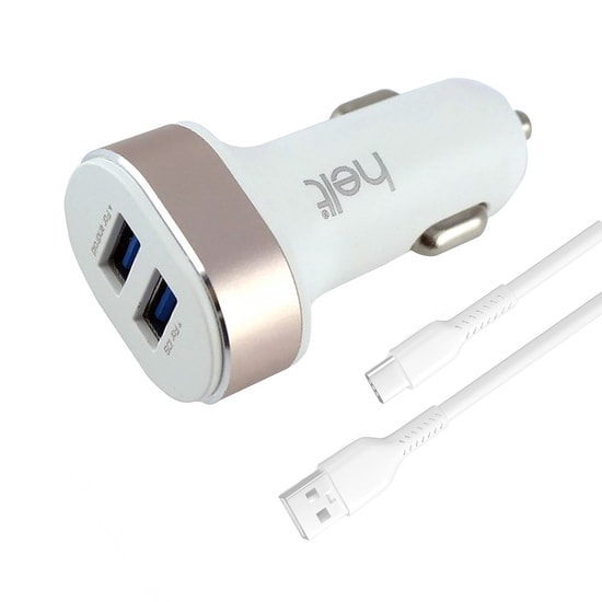 Helt HT-19 10W 2 Çıkışlı Type-C Kablolu Araç Şarj Aleti (NT-100852) - Beyaz, Hızlı Şarj, Çift USB Çıkışlı, Harici Kablo
