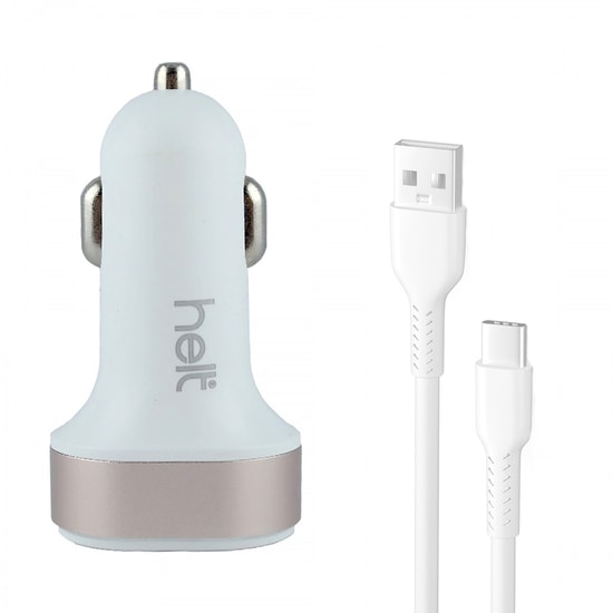 Helt HT-19 10W 2 Çıkışlı Type-C Kablolu Araç Şarj Aleti (NT-100852) - Beyaz, Hızlı Şarj, Çift USB Çıkışlı, Harici Kablo