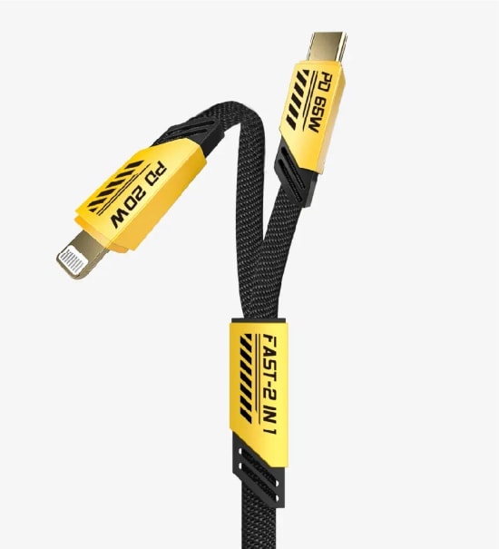 LinkTech K475 Mecha Style 120cm 65W+20W 2in1 USB-C PD Hızlı Şarj Kablosu - Sarı, 1.2 Metre Örgülü