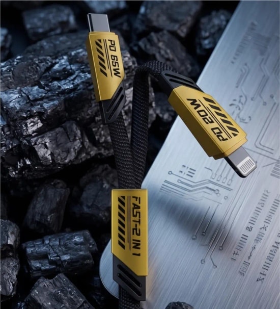 LinkTech K475 Mecha Style 120cm 65W+20W 2in1 USB-C PD Hızlı Şarj Kablosu - Sarı, 1.2 Metre Örgülü
