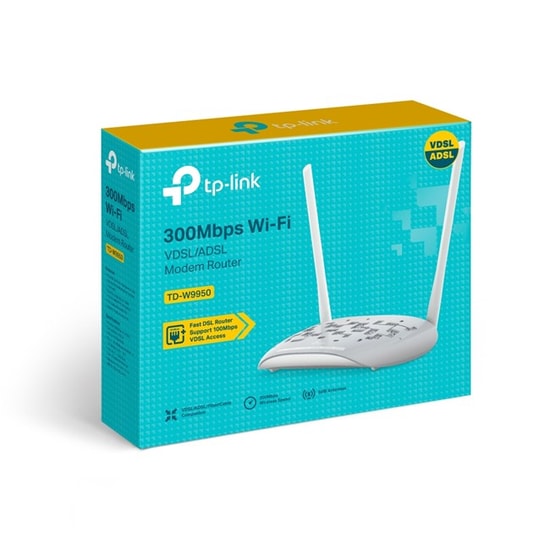 TP-Link TD-W9950 VDSL/ADSL Modem Router - 300 Mbps Wi-Fi 4, 4 100Mbs Port, 2 Anten, Ebeveyn Kontrolü, Gerilim Koruması