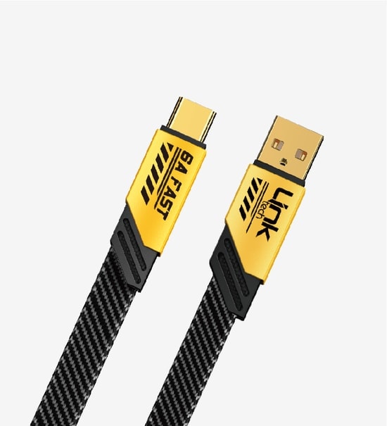LinkTech K470 Mecha Stil 120cm 6A USB-A Type-C Hızlı Şarj Kablosu - Sarı, Örgülü Tasarım, LCA-K470/YELLOW