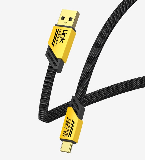 LinkTech K470 Mecha Stil 120cm 6A USB-A Type-C Hızlı Şarj Kablosu - Sarı, Örgülü Tasarım, LCA-K470/YELLOW