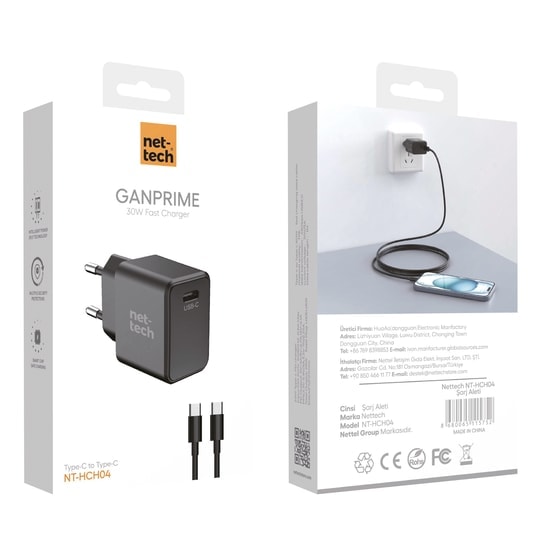 Nettech NT-HCH04 30W PD GaN Prime Type-C Şarj Aleti - Hızlı Şarj, Kablo Dahil, Siyah, Tek Çıkışlı Kompakt Tasarım