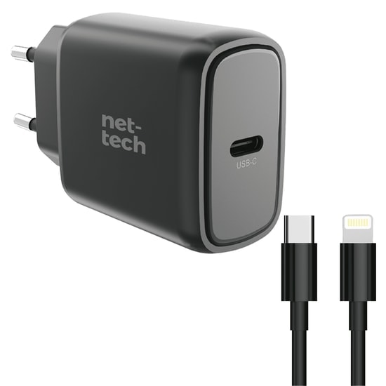 Nettech NT-HCH06 25W PD Type-C to Lightning Şarj Aleti Seti - Hızlı Şarj, Kablo Dahil, Kompakt Tasarım, Siyah