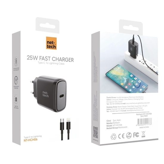 Nettech NT-HCH06 25W PD Type-C to Lightning Şarj Aleti Seti - Hızlı Şarj, Kablo Dahil, Kompakt Tasarım, Siyah