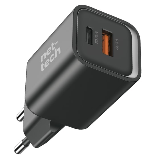 Nettech NT-HCH07 33W GaN PD+QC Hızlı Şarj Adaptörü (Siyah) - Çift Çıkışlı Kompakt Tasarım, Akım Korumalı, Adaptör