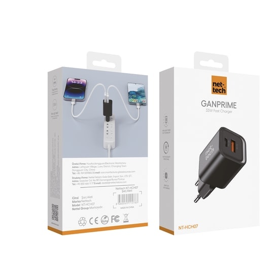 Nettech NT-HCH07 33W GaN PD+QC Hızlı Şarj Adaptörü (Siyah) - Çift Çıkışlı Kompakt Tasarım, Akım Korumalı, Adaptör