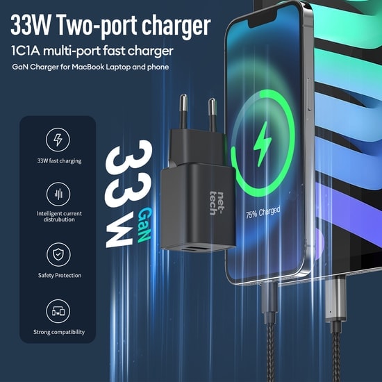 Nettech NT-HCH07 33W GaN PD+QC Hızlı Şarj Adaptörü (Siyah) - Çift Çıkışlı Kompakt Tasarım, Akım Korumalı, Adaptör