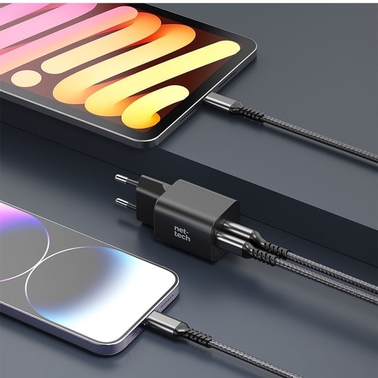 Nettech NT-HCH07 33W GaN PD+QC Hızlı Şarj Adaptörü (Siyah) - Çift Çıkışlı Kompakt Tasarım, Akım Korumalı, Adaptör