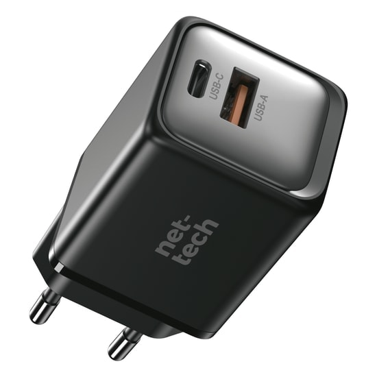 Nettech NT-HCH08 45W GaN Prime Şarj Aleti - 2 Girişli, PD Hızlı Şarj, Akım Korumalı, Siyah, Kompakt Tasarım Adaptör