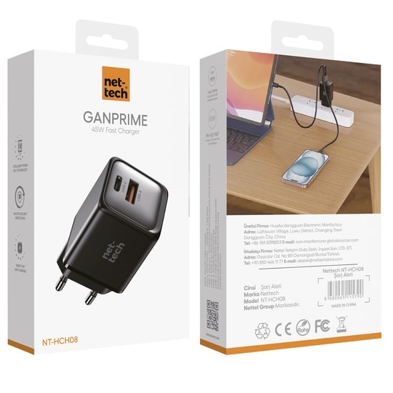 Nettech NT-HCH08 45W GaN Prime Şarj Aleti - 2 Girişli, PD Hızlı Şarj, Akım Korumalı, Siyah, Kompakt Tasarım Adaptör