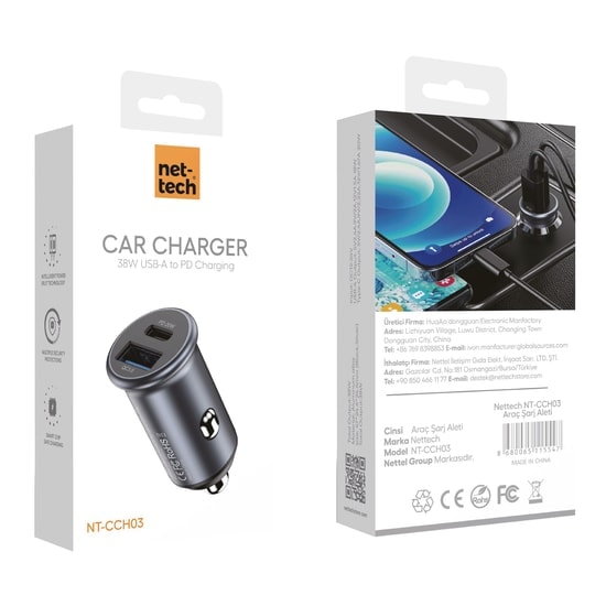 Nettech NT-CCH03 20W USB + Type-C Araç Şarj Aleti (Siyah) - Hızlı Şarj, 2 Çıkışlı, PD Destekli, Kompakt Tasarım