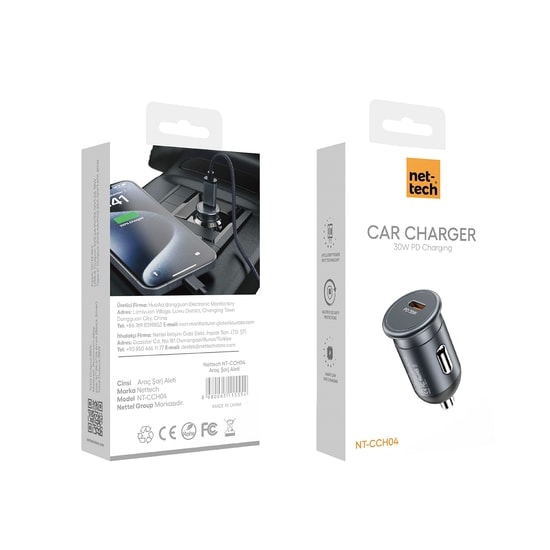 Nettech NT-CCH04 Type-C PD 30W 1 Çıkışlı Araç Şarj Aleti - Siyah, Hızlı Şarj, PD 3.0 Destekli Kompakt Tasarım