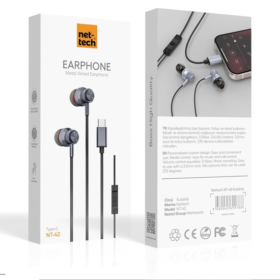 Nettech NT-42 Siyah Type-C Girişli Kulak İçi Kulaklık (NT-107852) -  Mikrofonlu, Gürültü Önleme, 24 Ay Garantili