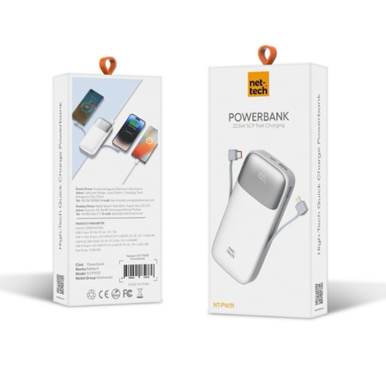 Nettech NT-PW31 SCP Fast Charge 22.5W 20000 Mah Taşınabilir Powerbank (Beyaz)