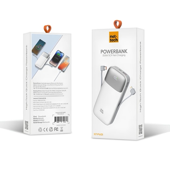 Nettech NT-PW31 SCP Fast Charge 22.5W 20000 Mah Taşınabilir Powerbank (Beyaz)