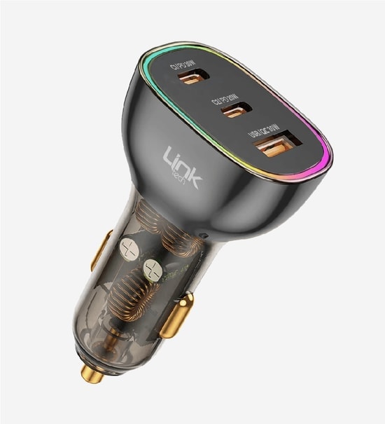 LinkTech LCH-C506 Şeffaf 80W Çift PD (30+20W) & QC 30W Süper Hızlı Araç Şarj Cihazı - 3 Çıkışlı, Hızlı Şarj Desteği