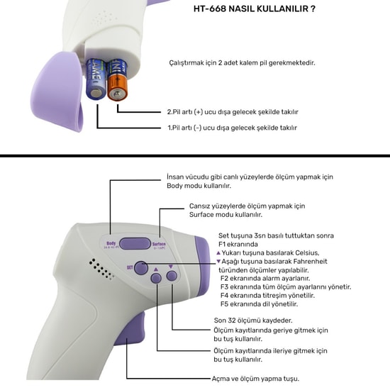 HT-668 Temassız Ateş Ölçer - Hızlı Ölçüm, Yüksek Ateş Uyarısı, LCD Ekran, C/F Seçeneği ile Güvenilir Termometre