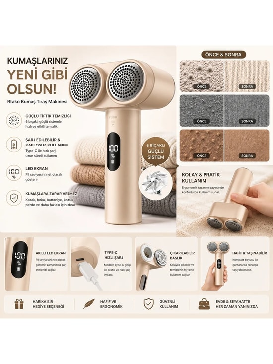 Rtako Q12 Kumaş Giysi Tüy Toplayıcı (NT-106421) - Krem Renkli, Type-C Kablolu, Çift Başlıklı Tüy Temizleyici
