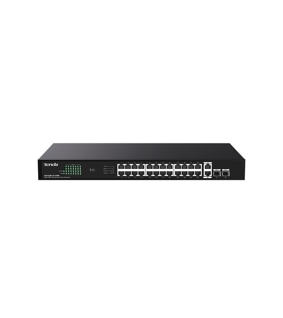 Tenda TEG1128P-24-410W 24 Port Gigabit PoE+ Switch - 2x SFP, 2x Uplink, 410W Güç, 6KV Yıldırım Koruması, Rack Mount