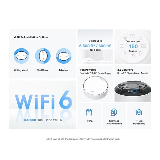 TP-Link Deco-X50-POE-2P AX3000 Mesh Wi-Fi 6 (İkili) Sistem - 420m2 Kapsama, 2.5Gbps Port, PoE Destekli Router