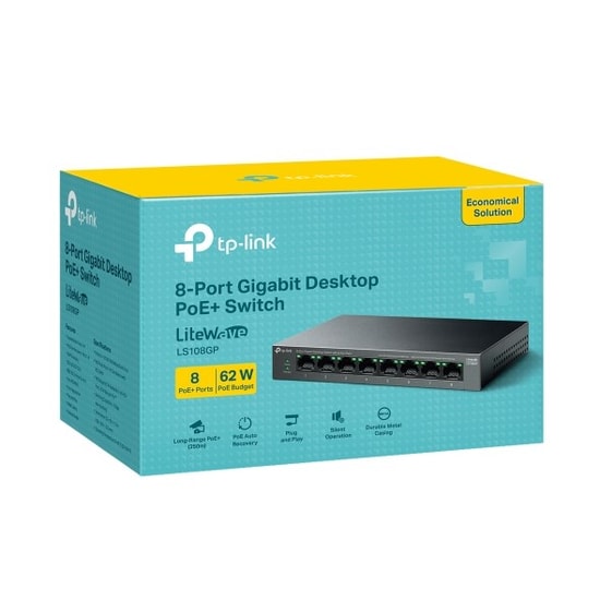 TP-LINK LS108GP 8 Port Gigabit Masaüstü Switch - 62W PoE+, 250 Metre PoE Mesafesi, Metal Kasa, Fansız, Tak Çalıştır
