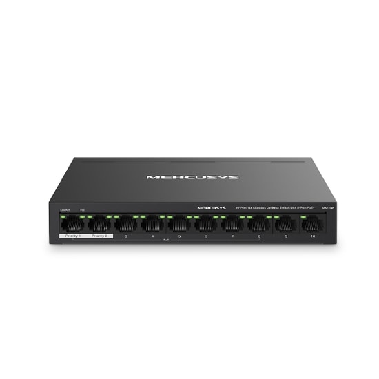 TP-Link Mercusys MS110P 10 Port Masaüstü Switch - 8 PoE+ Portu, 65W PoE, 10/100Mbps, 2xUplink, Tak Çalıştır, 250m Menzil