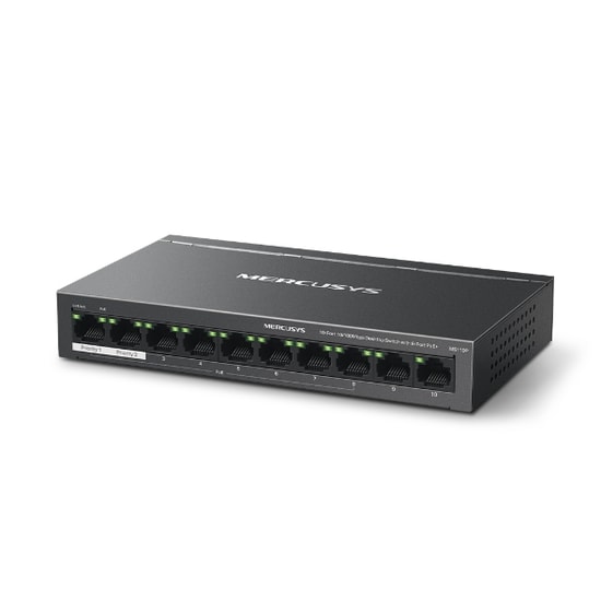 TP-Link Mercusys MS110P 10 Port Masaüstü Switch - 8 PoE+ Portu, 65W PoE, 10/100Mbps, 2xUplink, Tak Çalıştır, 250m Menzil