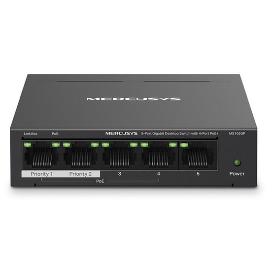 TP-Link Mercusys MS105GP 5 Port Gigabit PoE+ Switch: 4 PoE Portlu, 65W, Metal Kasa, Yönetilemez Masaüstü Ağ Anahtarı