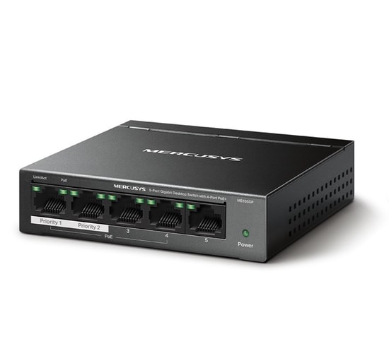 TP-Link Mercusys MS105GP 5 Port Gigabit PoE+ Switch: 4 PoE Portlu, 65W, Metal Kasa, Yönetilemez Masaüstü Ağ Anahtarı