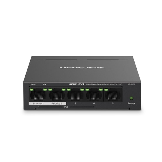 TP-Link Mercusys MS105GP 5 Port Gigabit PoE+ Switch: 4 PoE Portlu, 65W, Metal Kasa, Yönetilemez Masaüstü Ağ Anahtarı