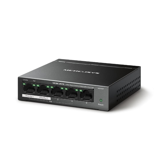 TP-Link Mercusys MS105GP 5 Port Gigabit PoE+ Switch: 4 PoE Portlu, 65W, Metal Kasa, Yönetilemez Masaüstü Ağ Anahtarı