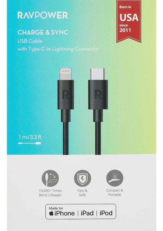 RAVPOWER RP-CB1016 Type-C to Lightning 1 Metre Siyah TPE Şarj ve Data Kablosu - Hızlı ve Güvenli Bağlantı