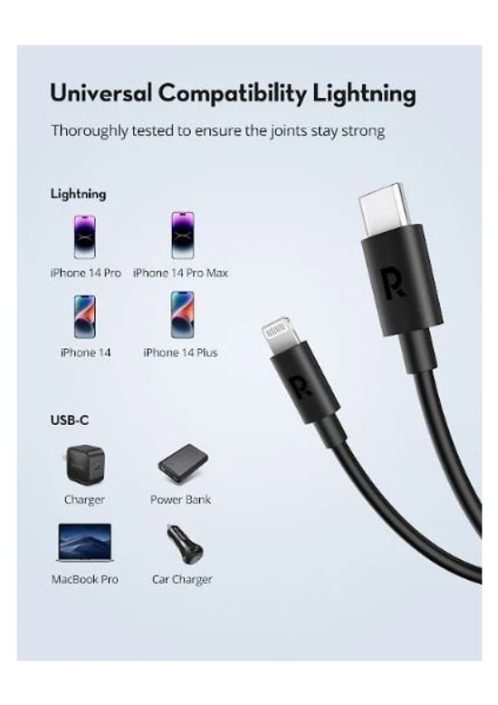 RAVPOWER RP-CB1016 Type-C to Lightning 1 Metre Siyah TPE Şarj ve Data Kablosu - Hızlı ve Güvenli Bağlantı