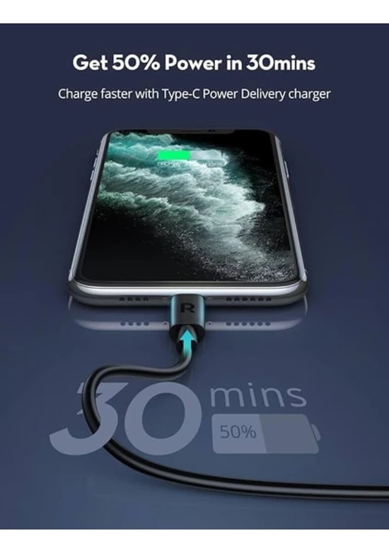 RAVPOWER RP-CB1016 Type-C to Lightning 1 Metre Siyah TPE Şarj ve Data Kablosu - Hızlı ve Güvenli Bağlantı