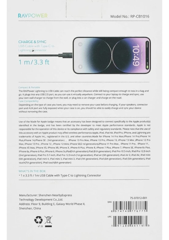 RAVPOWER RP-CB1016 Type-C to Lightning 1 Metre Siyah TPE Şarj ve Data Kablosu - Hızlı ve Güvenli Bağlantı