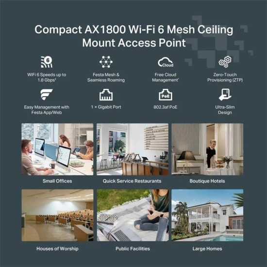 TP-Link Festa F61 AX1800 Wi-Fi 6 Tavan Tipi Access Point - Dual-Band, Gigabit Port, Festa Mesh, PoE, MU-MIMO
