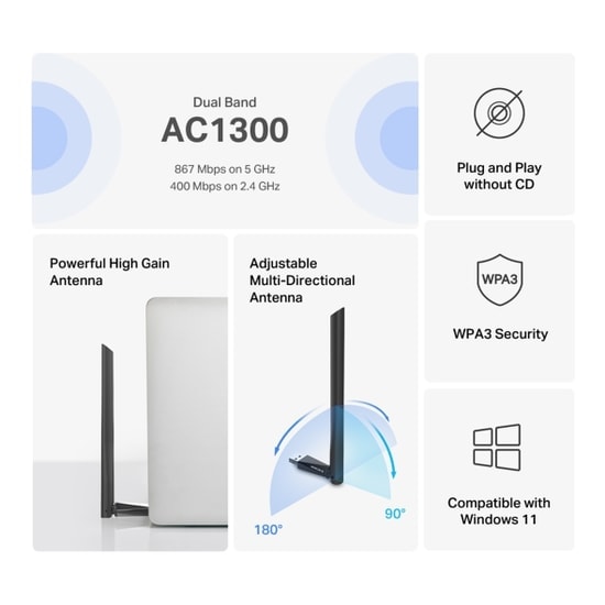 TP-Link Mercusys MA30H AC1300 Dual Band USB Wi-Fi Adaptör - 1300Mbps Hız, Yüksek Kazançlı Harici Anten, MU-MIMO