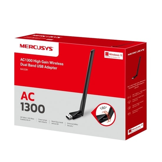 TP-Link Mercusys MA30H AC1300 Dual Band USB Wi-Fi Adaptör - 1300Mbps Hız, Yüksek Kazançlı Harici Anten, MU-MIMO