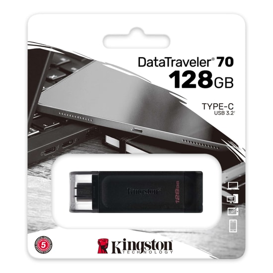 Kingston DataTraveler 70 128GB USB 3.2 Gen 1 Type-C Siyah Flash Bellek (DT70/128GB) - Taşınabilir, Hızlı Veri Aktarımı