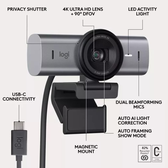 Logitech MX Brio 705 4K Ultra HD Webcam (960-001530) - 2160p, HDR, USB C, STARVIS, Yapay Zeka Destekli, Çift Mikrofonlu
