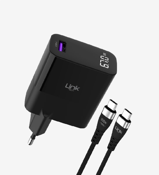 Linktech G860 67W Süper SI GaN Şarj Aleti (LNG-G860) - USB-A - Type-C Kablolu, Hızlı Şarj, Duvar Tipi Adaptör