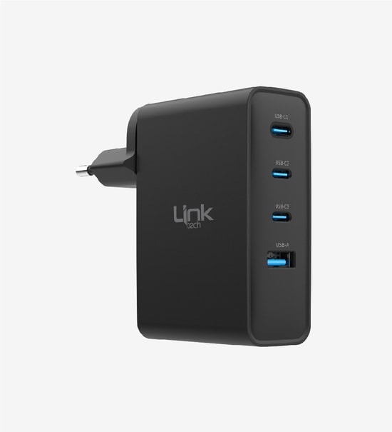Linktech G861 Premium 100W 4lü Çıkış Süper SI GaN Şarj Adaptörü (LNG-G861) - Hızlı Duvar Tipi Şarj Aleti, Siyah