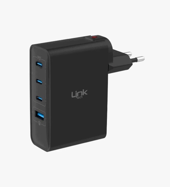 Linktech G861 Premium 100W 4lü Çıkış Süper SI GaN Şarj Adaptörü (LNG-G861) - Hızlı Duvar Tipi Şarj Aleti, Siyah