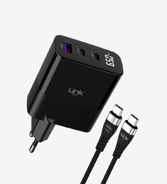 Linktech G853 Premium 65W 3'lü Çıkış Süper SI GaN Şarj Adaptörü (LNG-G853) - Kablolu, Hızlı Şarj, Qualcomm QC 4.0