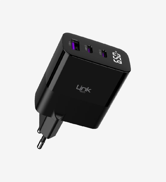 Linktech G852 Premium 65W 3lü Çıkış Süper SI GaN Şarj Adaptörü (LNG-G852) - Hızlı Şarj, Qualcomm QC 4.0, Duvar Tipi