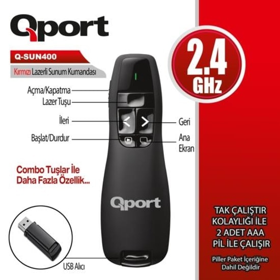 Qport Q-SUN400 Kırmızı Lazerli Sunum Kumandası - 2.4GHz, Kablosuz, USB Alıcı, Presenter, Ergonomik, Kolay Kontrol