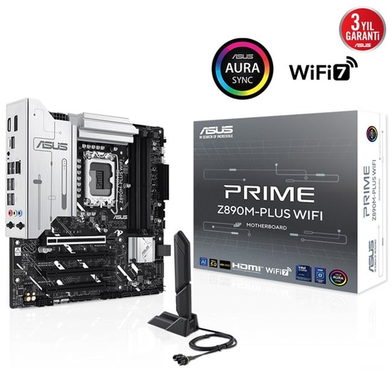Asus Prime Z890M-PLUS WiFi: Intel LGA1851, DDR5 8666MHz, 3xM.2, HDMI, DP, WiFi 7, 2.5G LAN, Aura RGB, Micro ATX Anakart