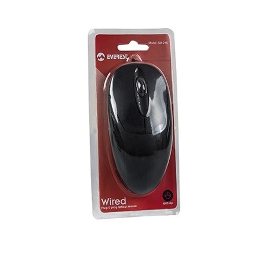Everest SM-216 Siyah USB Kablolu Optik Mouse - 1200 DPI Hassasiyet, Ergonomik Tasarım